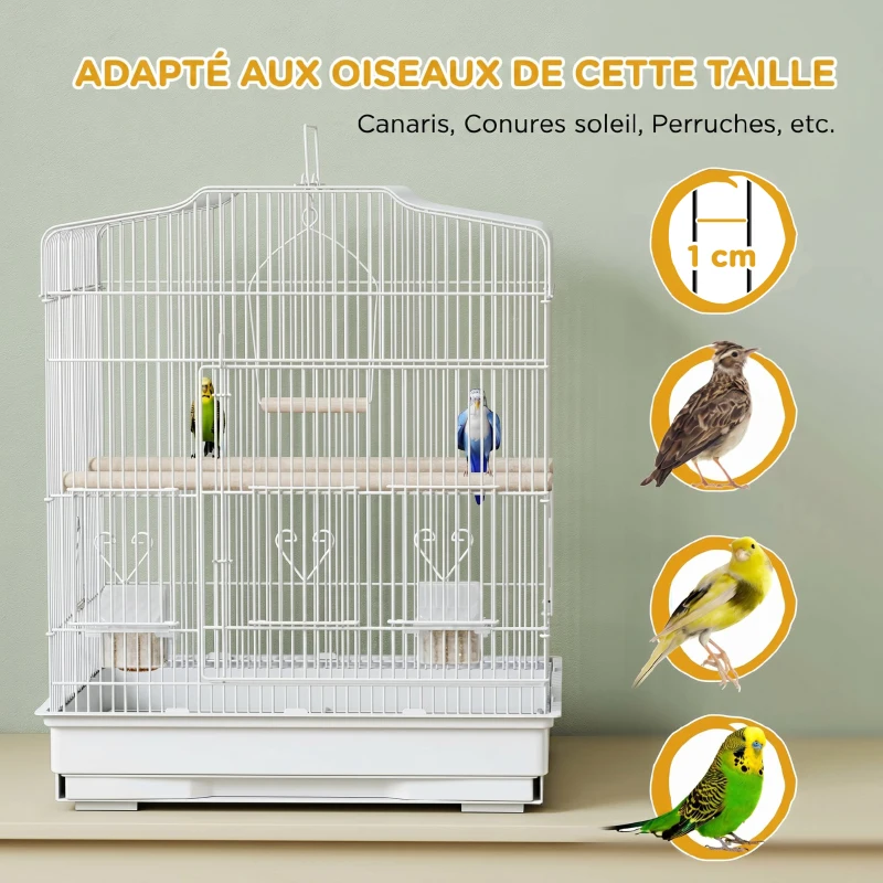 PawHut Cage à Oiseaux Volière avec Mangeoires, Perchoirs, Plateau Excrément Amovible, 46,5 x 36 x 59 cm, Blanc