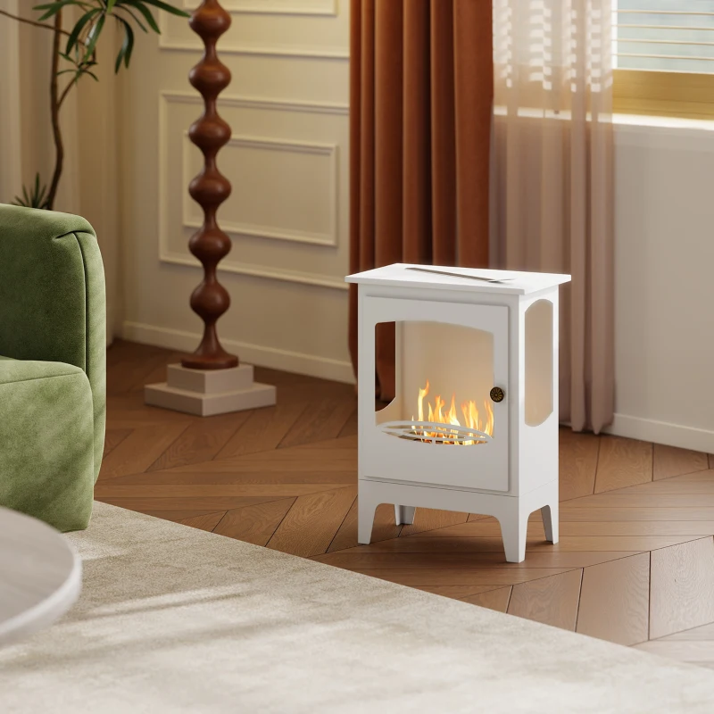 HOMCOM Freestanding Ethanol Fireplace, Steel Bioethanol Fireplace with Stainless Steel Flame Snuffer, 0.9L Tank, 3 Hours Burning Time for Indoor, White