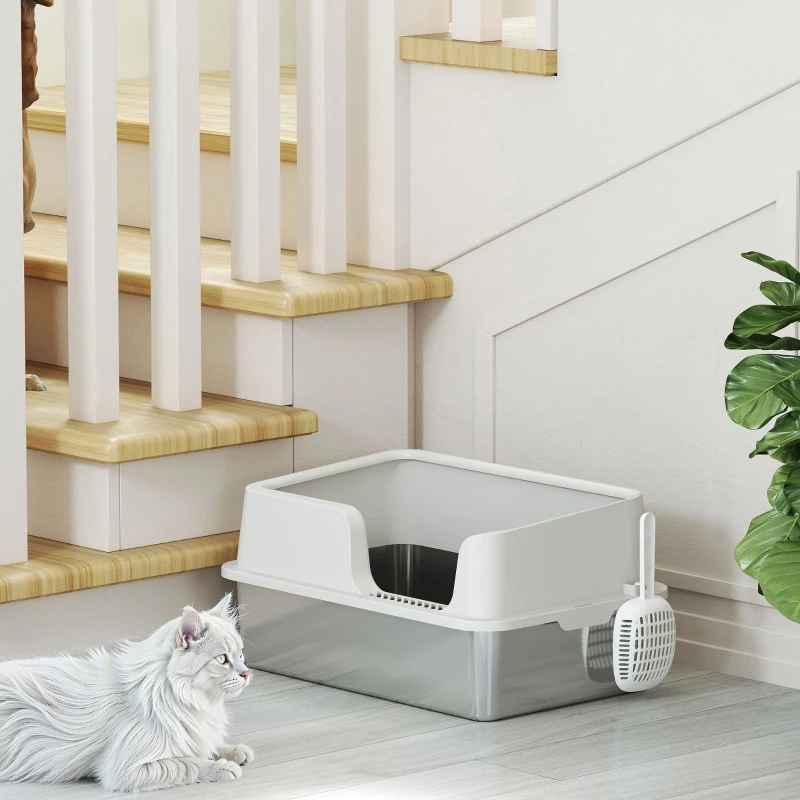 PawHut Lettiera per Gatti con Bordi Rialzati, Vassoio e Paletta, in Acciaio Inox e PP, 60x40x28 cm, Grigio Chiaro