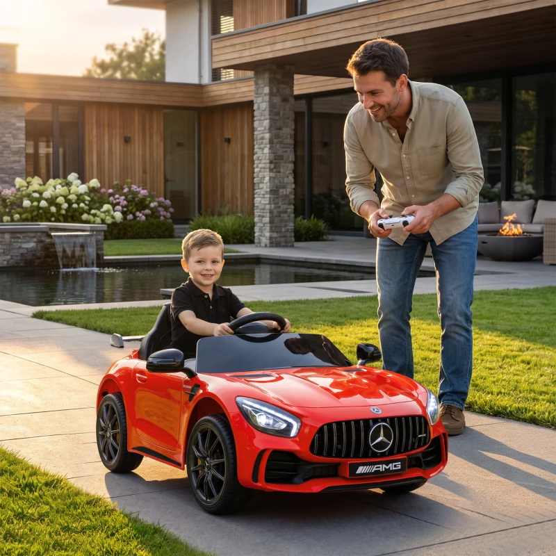AIYAPLAY Macchina Elettrica per Bambini 3-6 Anni Mercedes-AMG GTR con 2 Motori e Telecomando, 3-5 km/h, Rosso
