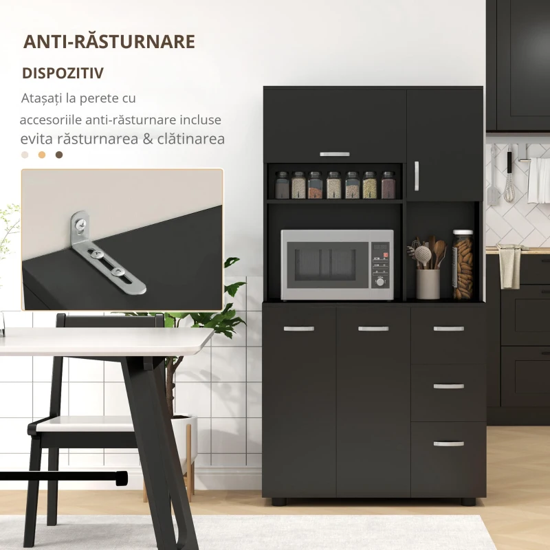 HOMCOM Cabină de bucătărie multi-depozitare 4 uși 3 sertare raft + blat mare 89L x 39,5l x 168H cm negru