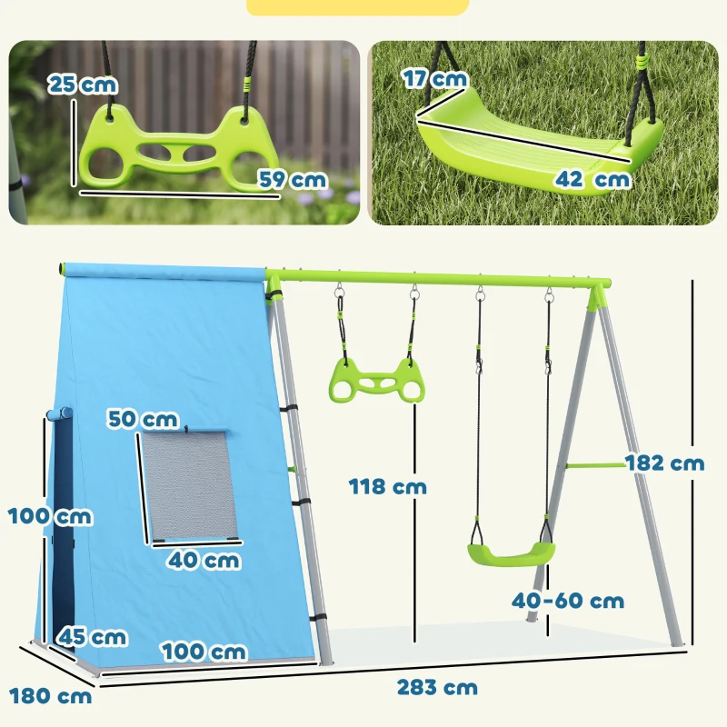 AIYAPLAY Baloiço para Crianças 3 em 1 Baloiço para Jardim Exterior com Baloiço Anéis de Ginástica e Tenda 283x180x182 cm Verde