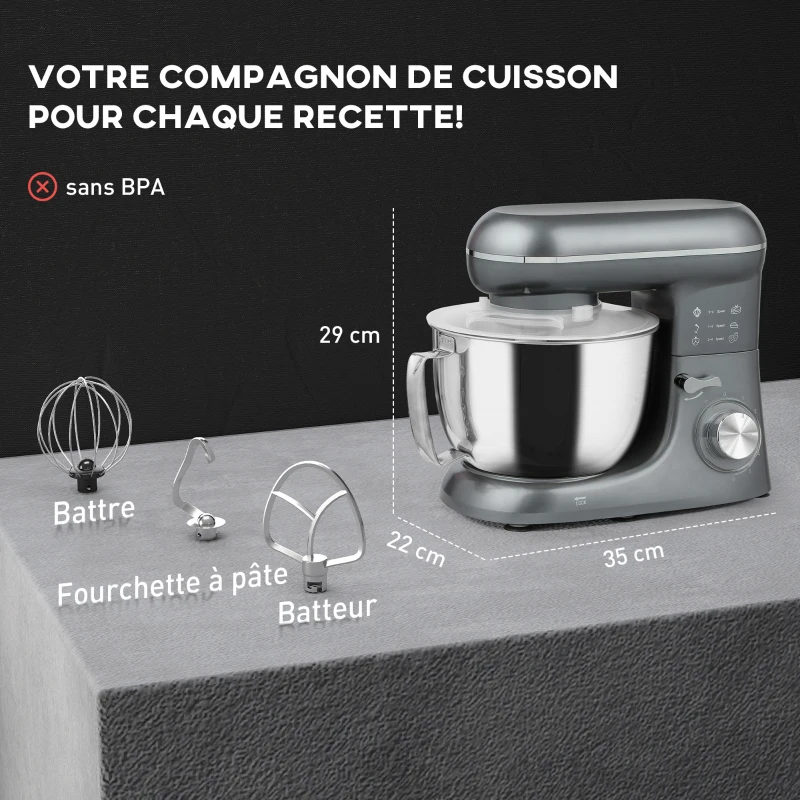 HOMCOM Robot pâtissier 1300 W, robot pétrin professionnel 4,5 L, bol d'acier inoxydable, 6+P vitesses et pulse, argent