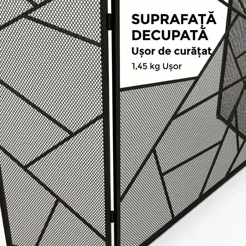 HOMCOM Paravan de protecție pentru șemineu, pliabil, cu 3 panouri din oțel și design geometric, 135x1.2x85cm, negru