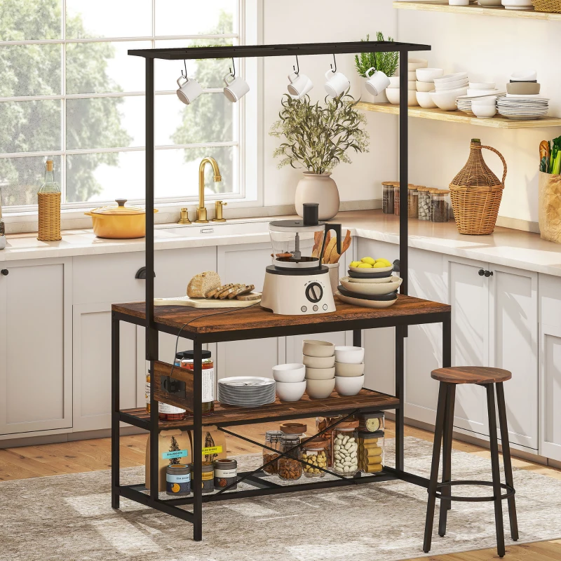 HOMCOM Estante de Cozinha com Tomada de Corrente Estilo Industrial com Prateleiras Ganchos Móvel Auxiliar 116x70x182 cm Marrom Rústico