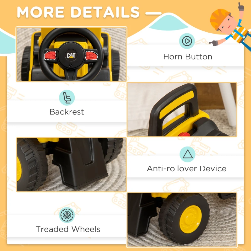 HOMCOM Ride on Tractor, CAT Licensed Kids Ride On Digger Excavator, Construction Toy Car with Adjustable Bucket, Horn, for Ages 1.5-3 Years
