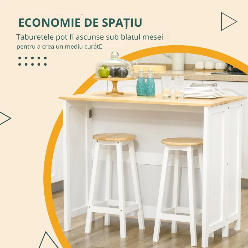HOMCOM, Insulă de bucătărie cu 2 taburete, blat de lucru rabatabil, 2 dulapuri cu 4 uși, design modern, alb
