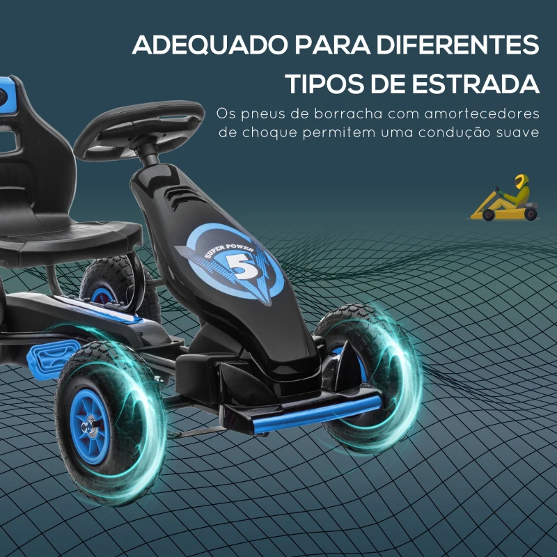 HOMCOM Kart a Pedais para Crianças 5-12 Anos com Assento Ajustável Pneus Insufláveis Amortecimento e Travão de Mão 121x58x61cm Azul