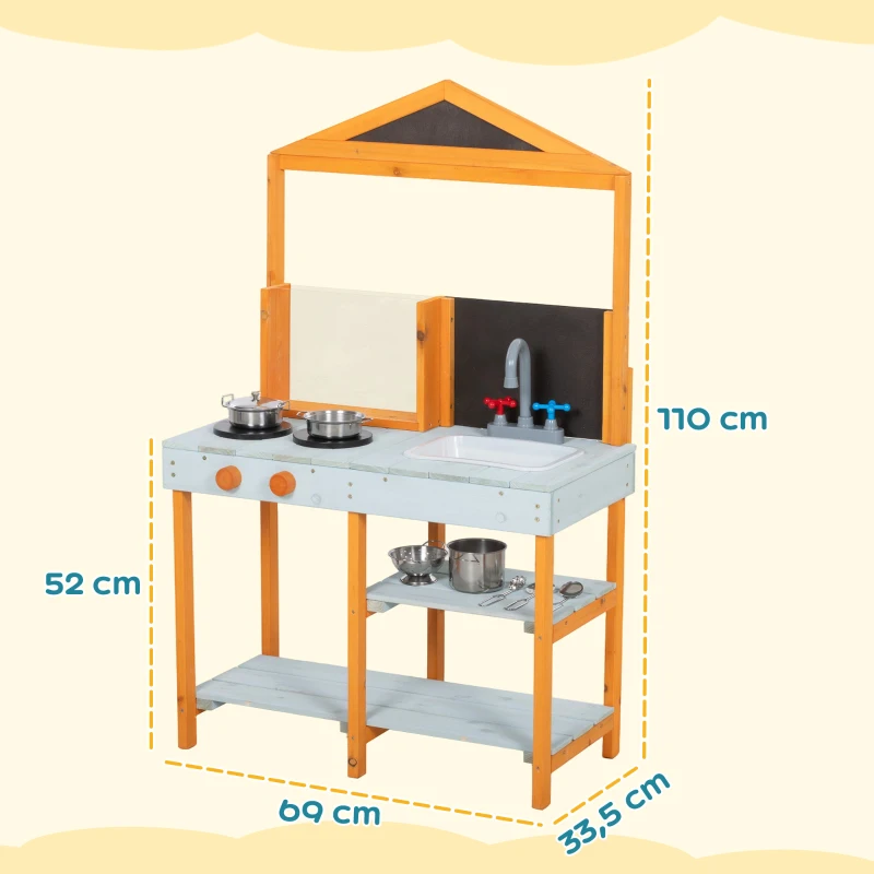 AIYAPLAY Matschküche Kinder Outdoor Spielküche Holz mit Herd Abnehmbarer Spüle Regalen für Kinder von 3-8 Jahren, Hellblau