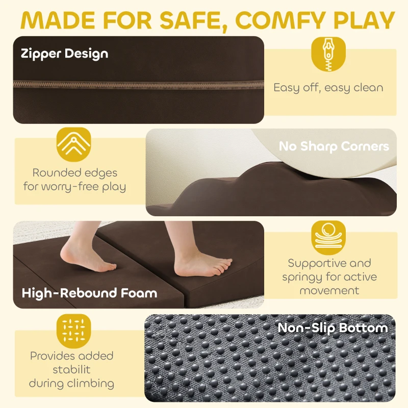 AIYAPLAY 7 Piece Kids Soft Play Set with Detachable Cover, Baby Indoor Climb and Crawl Foam Toys for Toddlers, Brown