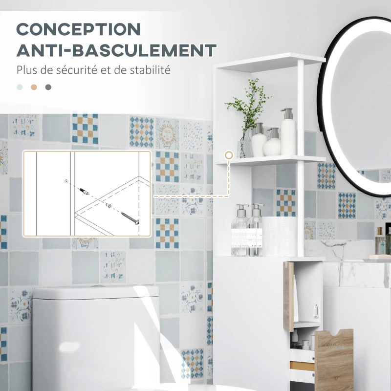 HOMCOM Meuble colonne salle de bain armoire de salle de bain avec tiroirs étagères ouvertes placard 15 x 33 x 136,8 cm blanc