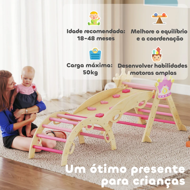 AIYAPLAY Conjunto de Escalada em Madeira para Crianças Tema de Coroa com Arco e Rampa para Deslizar ou Escalar  Rosa