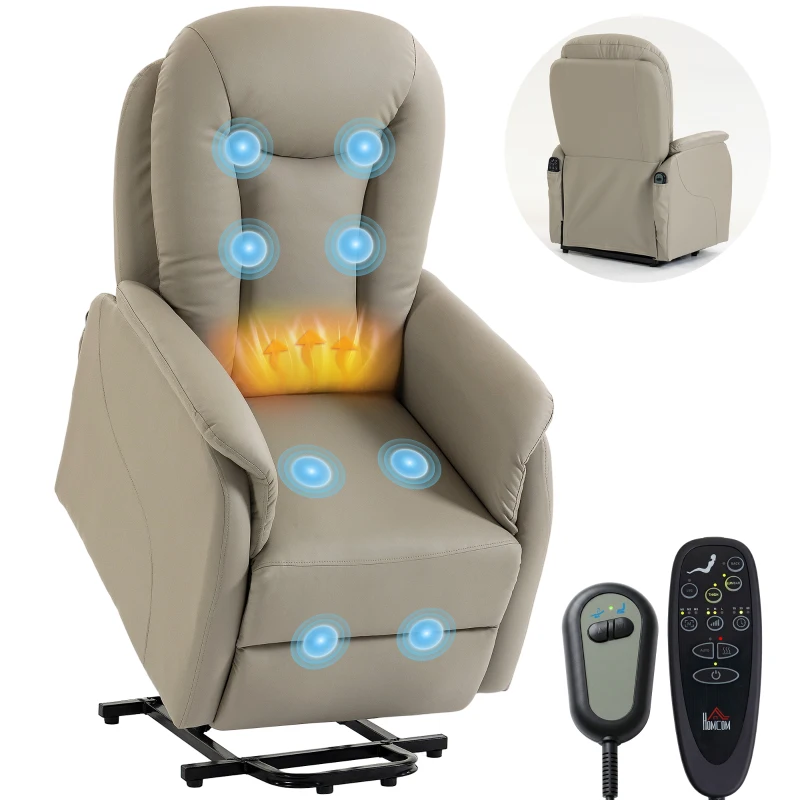 HOMCOM Fauteuil Releveur Électrique Massage Vibration et Chaleur, Fauteuil Relax Électrique en PU, Dossier Inclinable, Gris