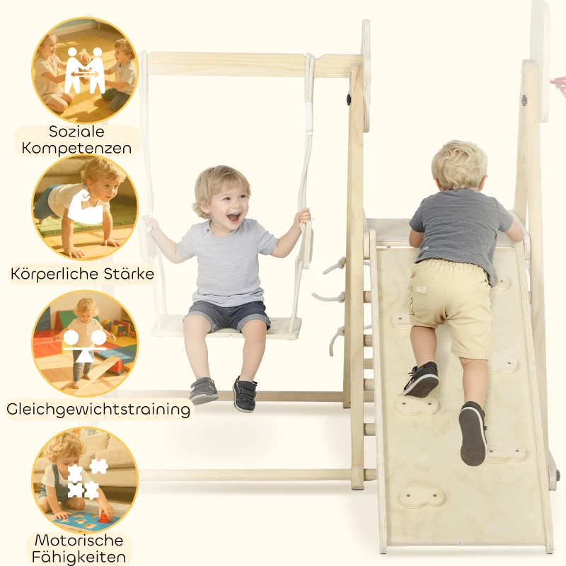 AIYAPLAY 5-in-1 Indoor-Klettergerüst mit Rutsche, Schaukel, Kletternetz, Basketballkorb, klappbar, 3-6 Jahre, Naturholz