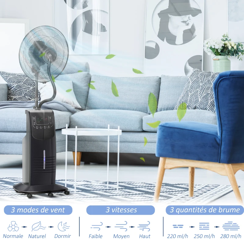 HOMCOM Ventilateur brumisateur silencieux 90 W sur roulettes 3 modes 3 vitesses, télécommande, minuterie, oscillation, noir