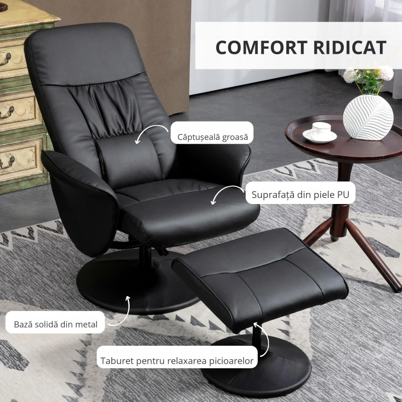 HOMCOM Set de 2 piese Fotoliu cu Taburet Fotoliu de relaxare cu Taburet, reglabil în înălțime, spătar înclinabil, Negru