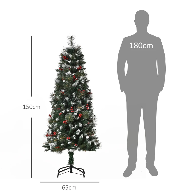 HOMCOM Árvore de Natal Artificial 150cm Ignífugo com 360 Ramos 38 Bagas Folhas de PVC Base Dobrável e Suporte Metálico Verde