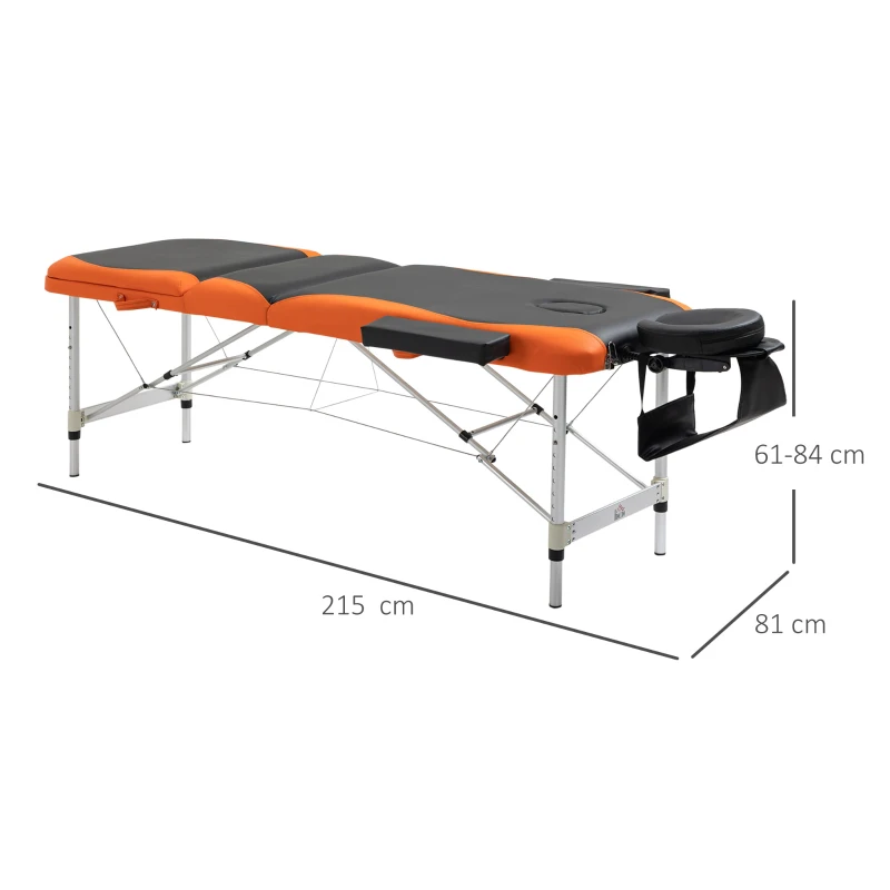 HOMCOM Lettino da Massaggio Pieghevole ad Altezza Regolabile, Lettino Professionale per Massaggi in Alluminio e Plastica, 215x81x61-84 cm, Nero e Arancione