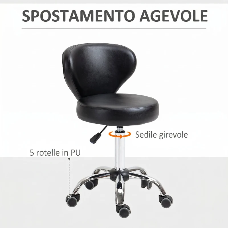 HOMCOM Sgabello Regolabile Girevole a 360°, Sgabello da Estetista con Schienale, in Acciaio, Finta Pelle, Nero