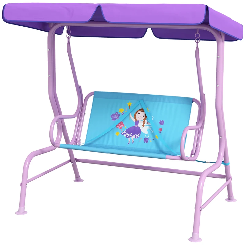 Outsunny Two Seater Kids Garden Swing, Fairy Themed kids Swing Chair with Adjustable Canopy, Safety Belts for Outdoor Use
