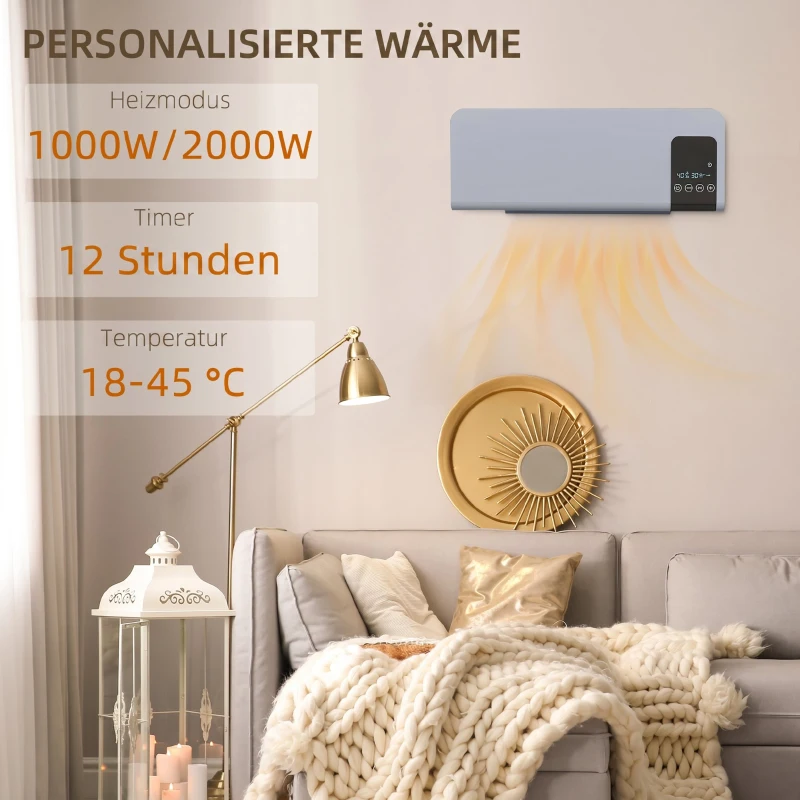 HOMCOM Ventilator Termic de Perete Oscilant cu Telecomandă, Temporizator 12h și 2 Moduri, 54.5x12x21.5 cm, Gri