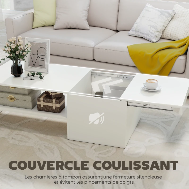 HOMCOM Table basse rectangulaire, table d'appoint plateau coulissant, rangement caché, étagère ouverte, 110 x 52 x 36 cm, blanc