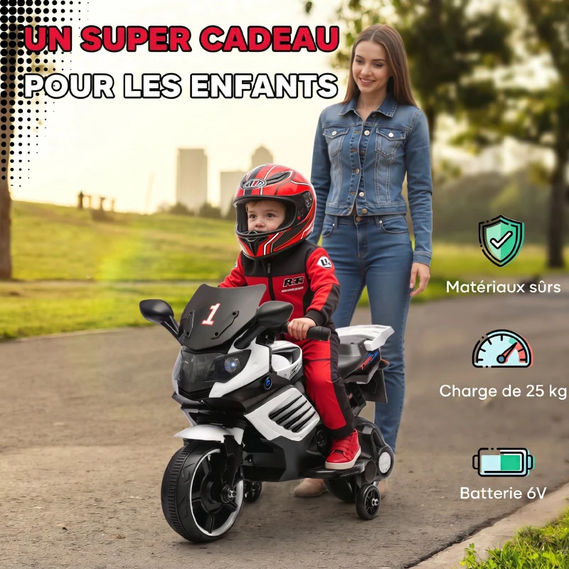 AIYAPLAY Moto électrique enfants 6 V, voiture électrique enfants avec roues d'entraînement, effets lumineux et sonores, blanc