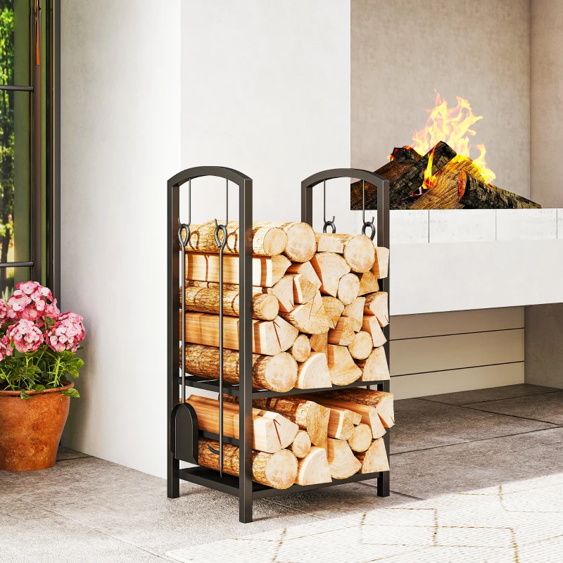 Outsunny Portalegna da Interno ed Esterno Rialzato a 2 Ripiani, Porta Legna da Ardere in Metallo con Paletta, Scopa, Attizzatoio e Pinza, Capacità 100 kg, 40x30x74.5 cm, Nero