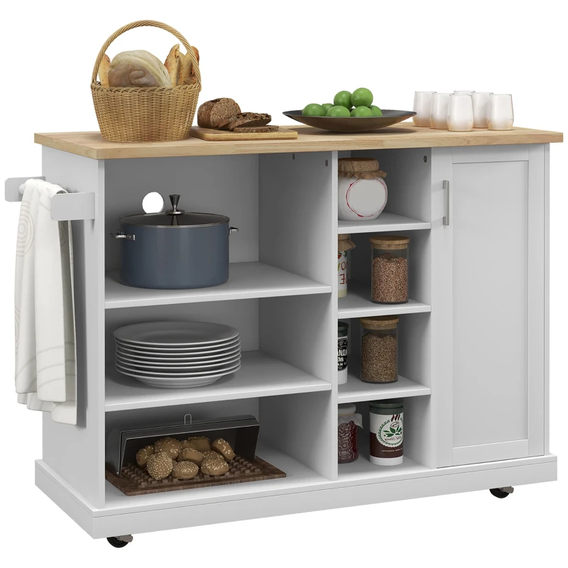 HOMCOM Desserte îlot de cuisine sur roulettes 7 compartiments 1 placard 1 porte 1 porte torchons 129 x 51 x 93 cm bois et blanc(m-10)