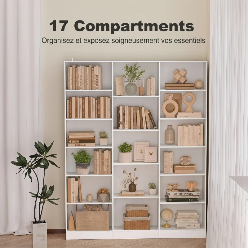 HOMCOM Bibliothèque 6 Niveaux, Étagère de Rangement avec 17 Compartiments et Étagères Réglables, 149 x 23,6 x 188 cm, Blanc