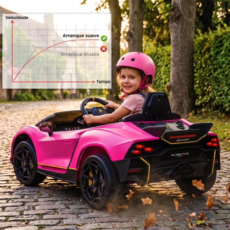 AIYAPLAY Carro Elétrico para Crianças Lamborghini 12V Controlo Remoto Faróis Buzina Arranque Lento e Música MP3 114,5x64x45,5 cm Rosa