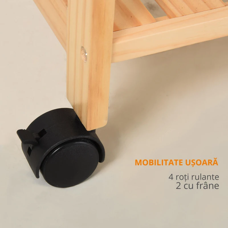 HOMCOM Carucior de bucatarie cu 4 nivele din MDF si lemn de pin cu 4 roti pivotante, 40x30x76 cm, alb si maro