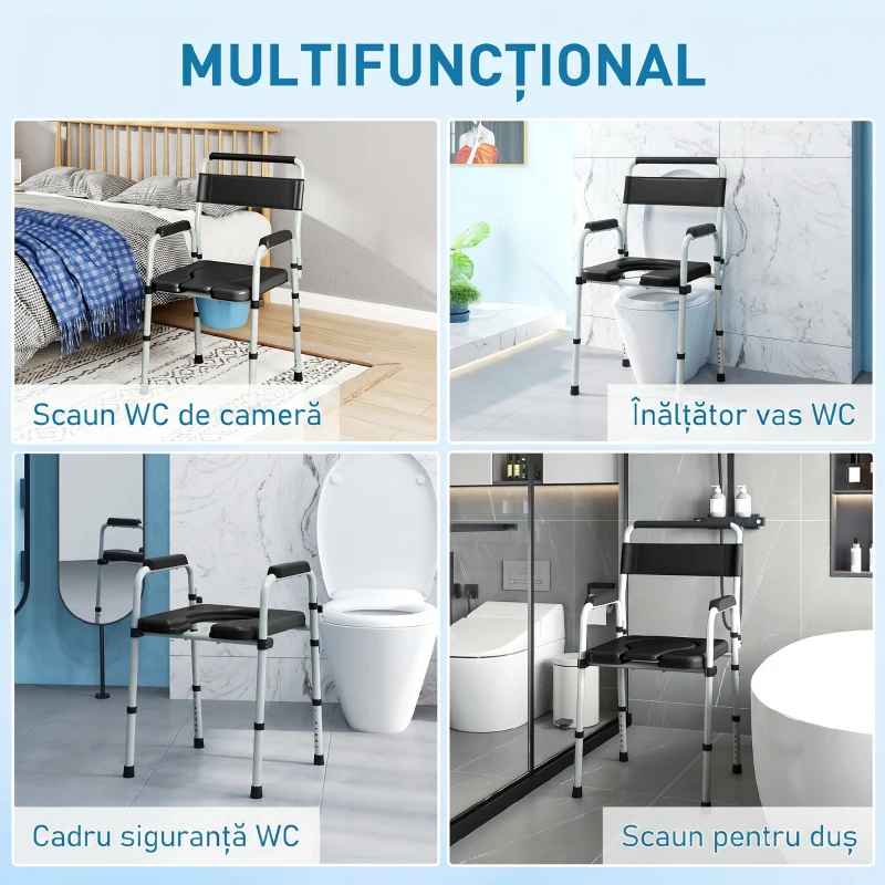 HOMCOM Scaun WC Pliabil și Reglabil cu Brațe și Spătar, din Oțel și Piele PU, 52.5x46x81.5-97 cm, Negru