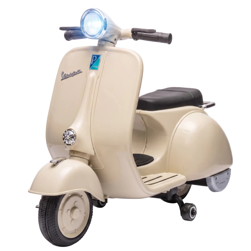 AIYAPLAY Mota Elétrica Infantil VESPA com Arranque Suave, Rodinhas, Luz, Música e USB - Branco