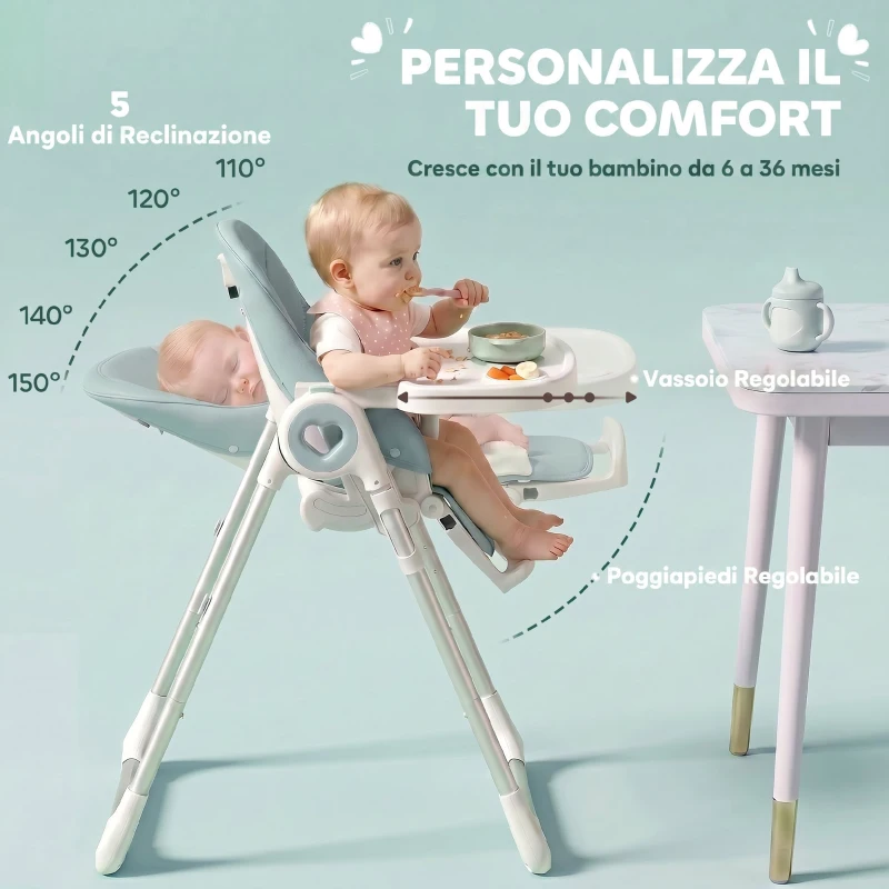 AIYAPLAY Seggiolone Pappa Pieghevole per Bambini 6-36 Mesi, Altezza Regolabile, Doppio Vassoio Lavabile e Ruote, Verde