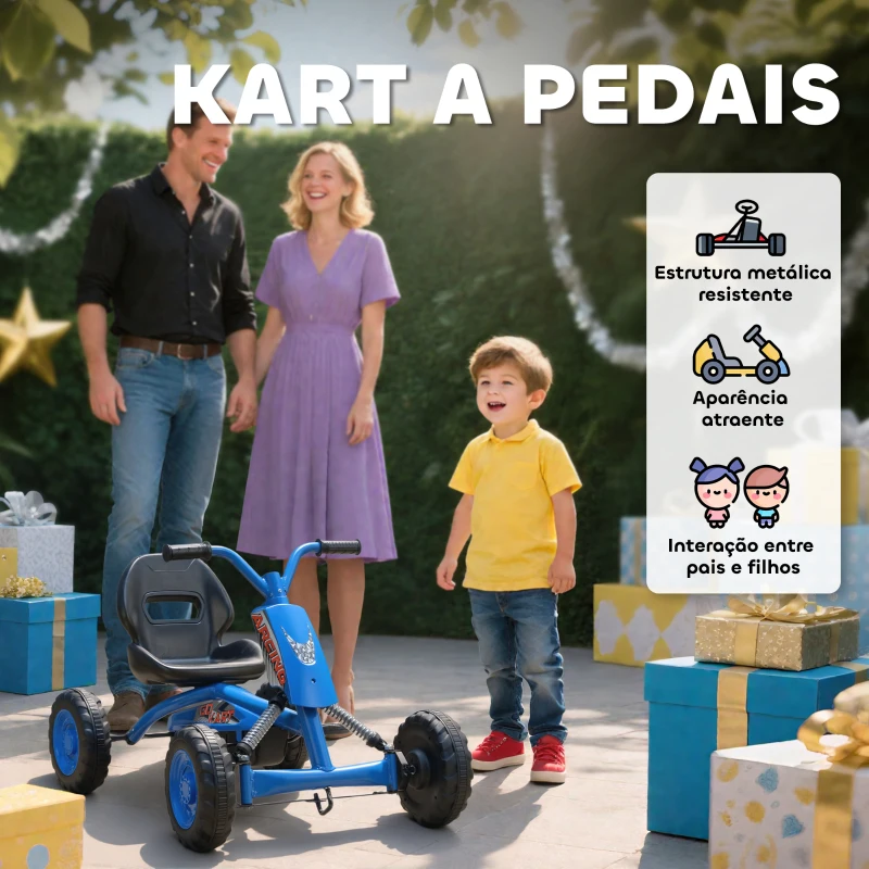 AIYAPLAY Kart a Pedais Go-Kart com Rodas PP Estrutura de Aço Carga 30 kg para Crianças 2-5 Anos 84x54x56 cm Azul