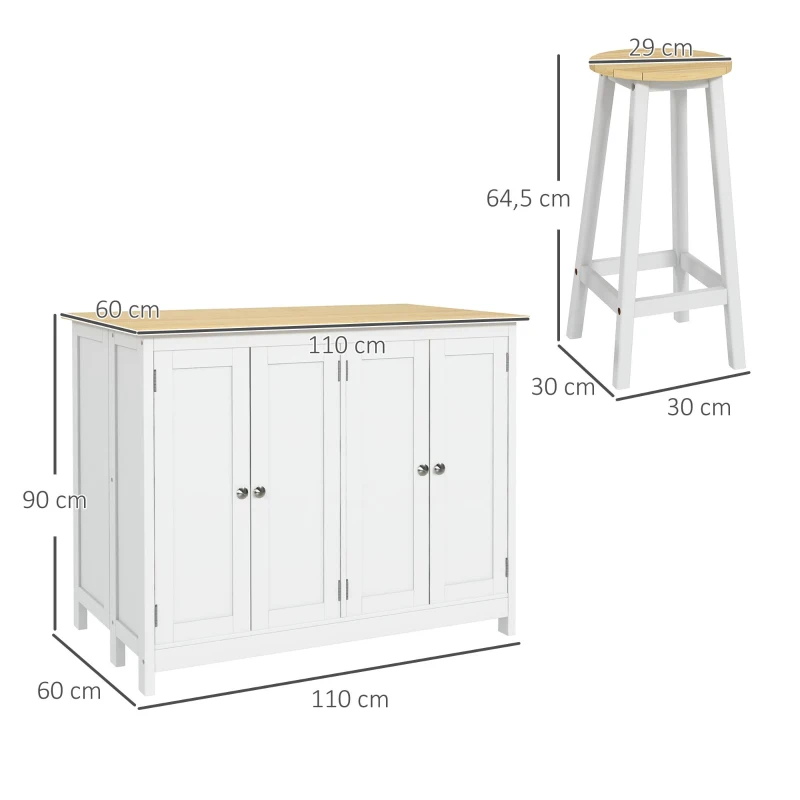 HOMCOM, Insulă de bucătărie cu 2 taburete, blat de lucru rabatabil, 2 dulapuri cu 4 uși, design modern, alb