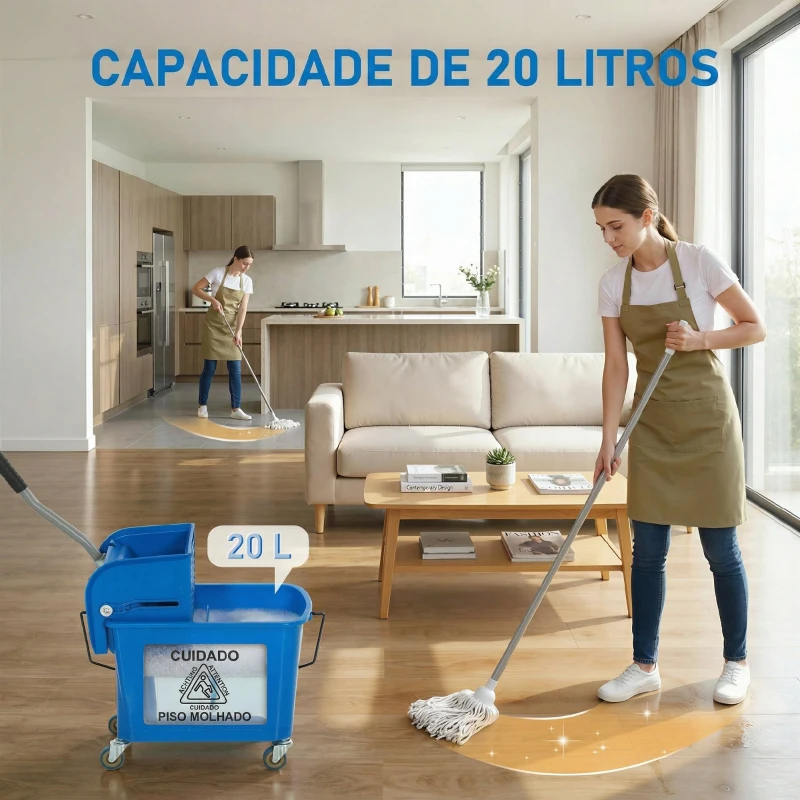 HOMCOM Balde de Limpeza com Escorredor, Painel Separador e Rodas Capacidade de 20L para Limpeza Doméstica 45x26,5x70 cm Azul