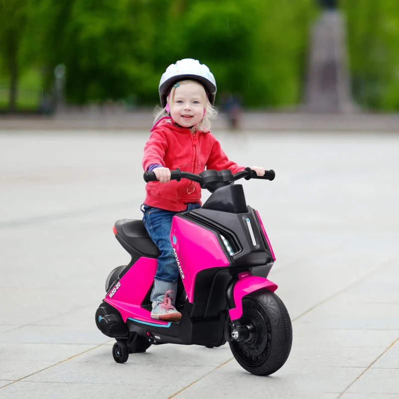 HOMCOM 6V Kids Electric Motorbike Ride On Toy w/ Music LED Lights Training Wheels for Girls Boy 2-4 Years Pink