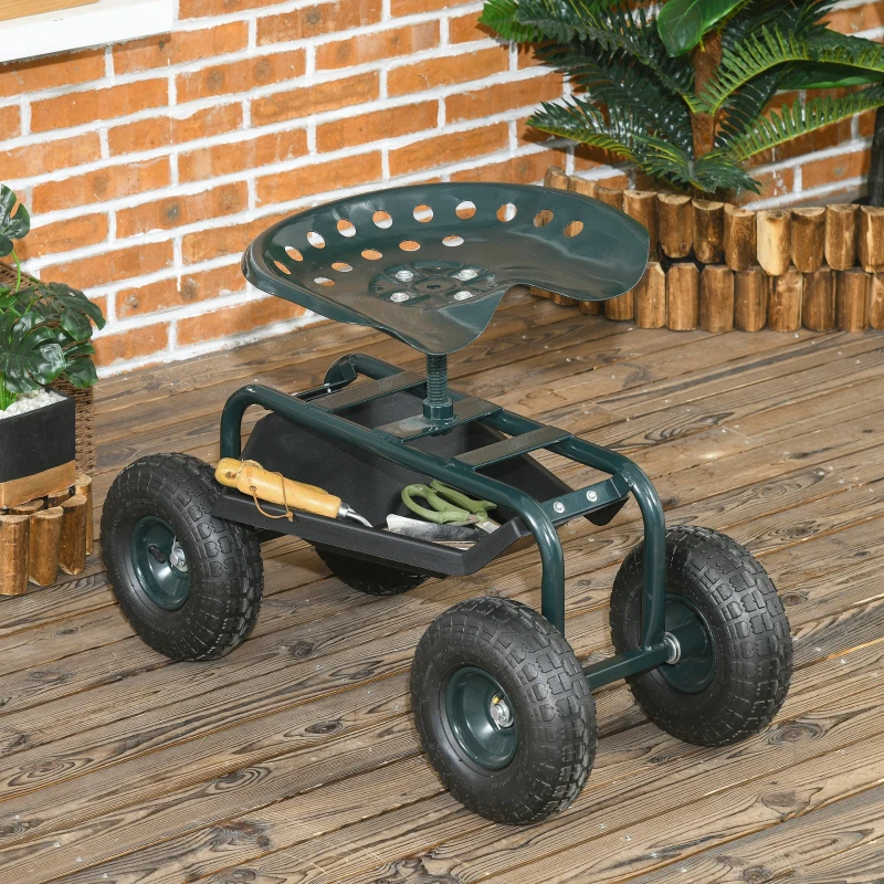 Outsunny Siège de jardin chaise roulante pivotant à 360° et réglable en hauteur avec plateau à outils charge max. 150 Kg vert