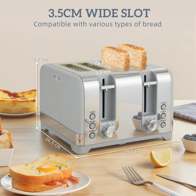 HOMCOM Sleek Textured Kettle and Four-Slice Toaster Set - Grey