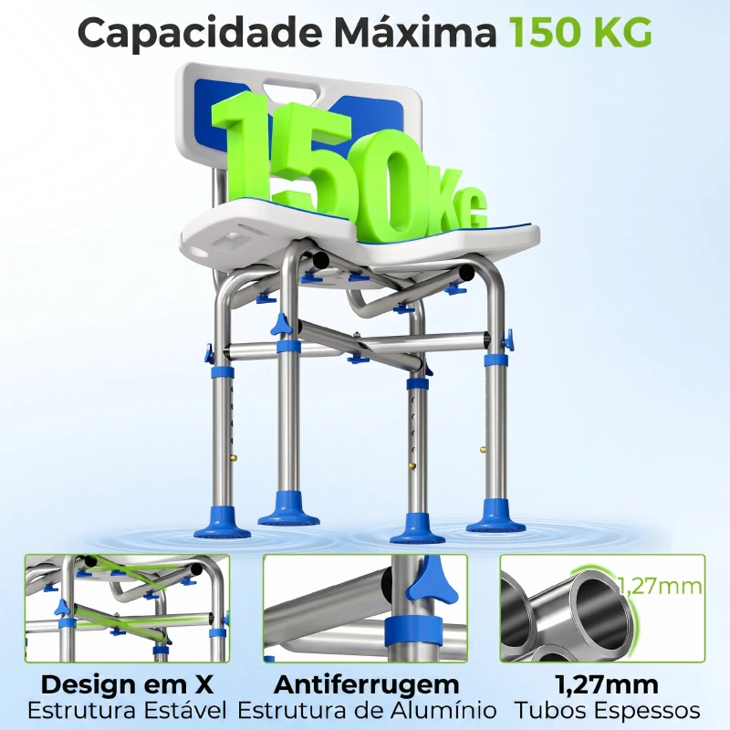 HOMCOM Cadeira de Duche para Pessoas Idosas Antideslizante com Altura Ajustável em 5 Posições Suporte para Duche de Mão 48x47,5x72-82 cm Azul