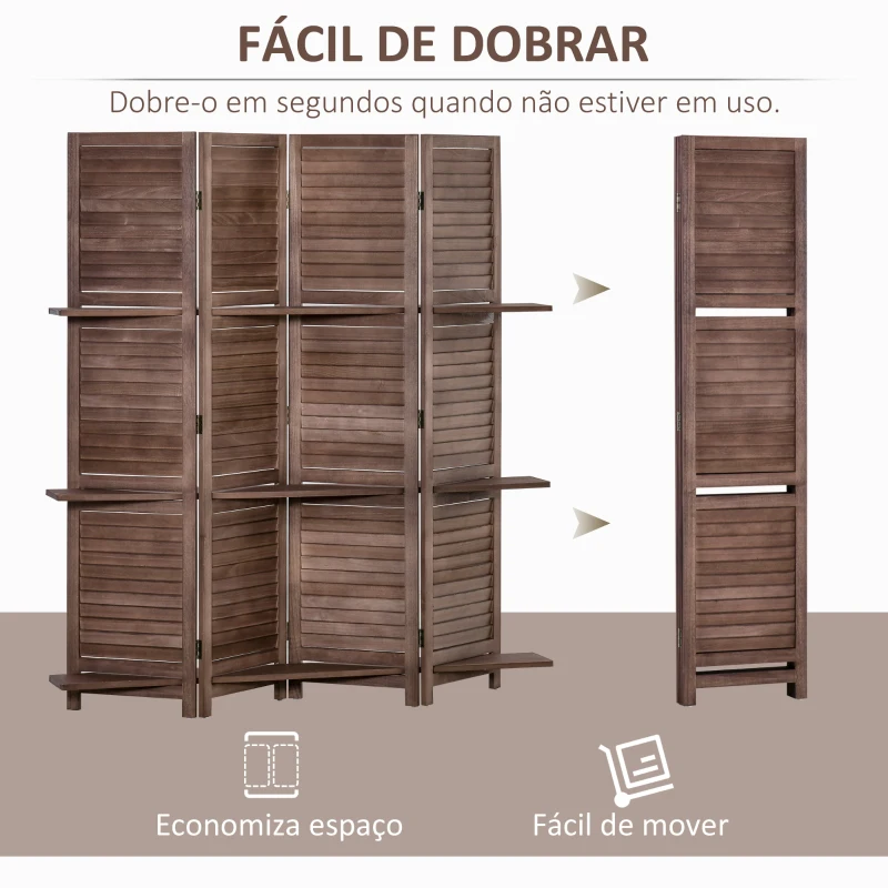 HOMCOM Biombo Dobrável de 4 Painéis de Madeira 162x170 cm Divisória de Ambiente com 3 Prateleiras Nogueira