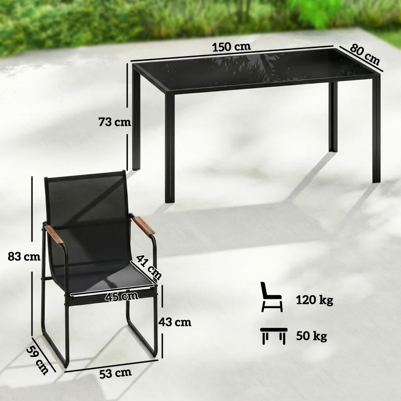 Outsunny Ensemble de Salle à Manger d'Extérieur 7 Pièces pour 6 Personnes, Table en Verre et Chaises avec Accoudoirs Décoratifs, Maille Résistante aux Intempéries, Noir