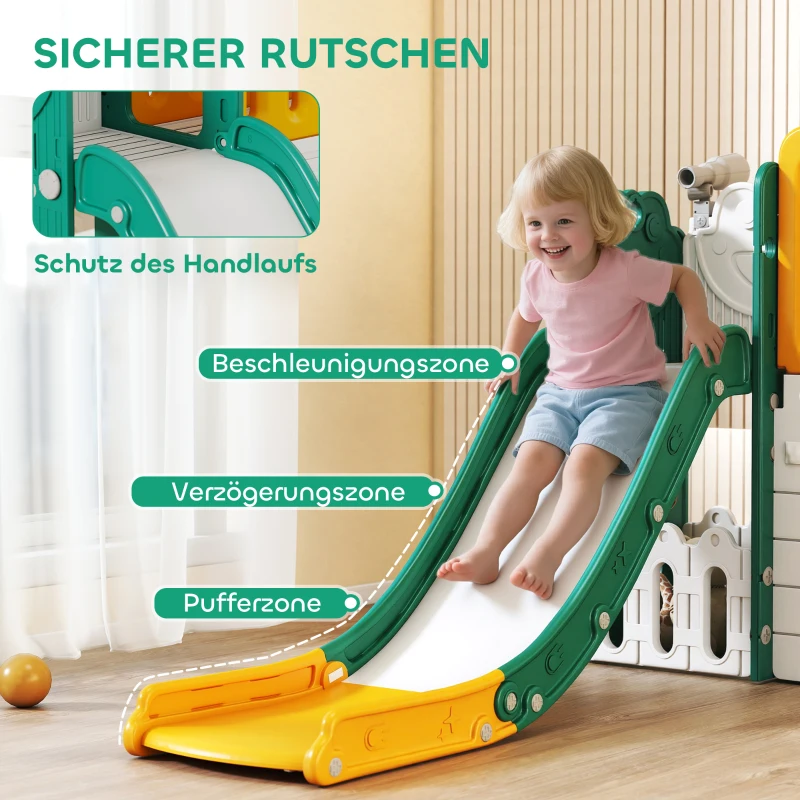 AIYAPLAY 7-in-1 Kinderrutsche, Indoor-Spielplatz, Klettergerüst, Haus, Tafel, Basketballkorb, 1-4 Jahre, Kunststoff, Gelb+Grün