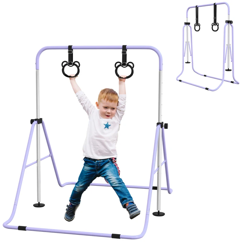 HOMCOM Kinder-Turnbarren mit Ringen, höhenverstellbar, klappbar, rutschfest, Stahlrahmen, 148x105x88-128 cm, Pink