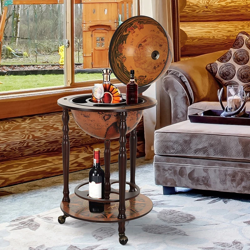 HOMCOM Mappamondo Bar, Minibar da Casa, Mappamondo Portabottiglie e Porta Liquori in Legno con 3 Ruote Ф47x90cm