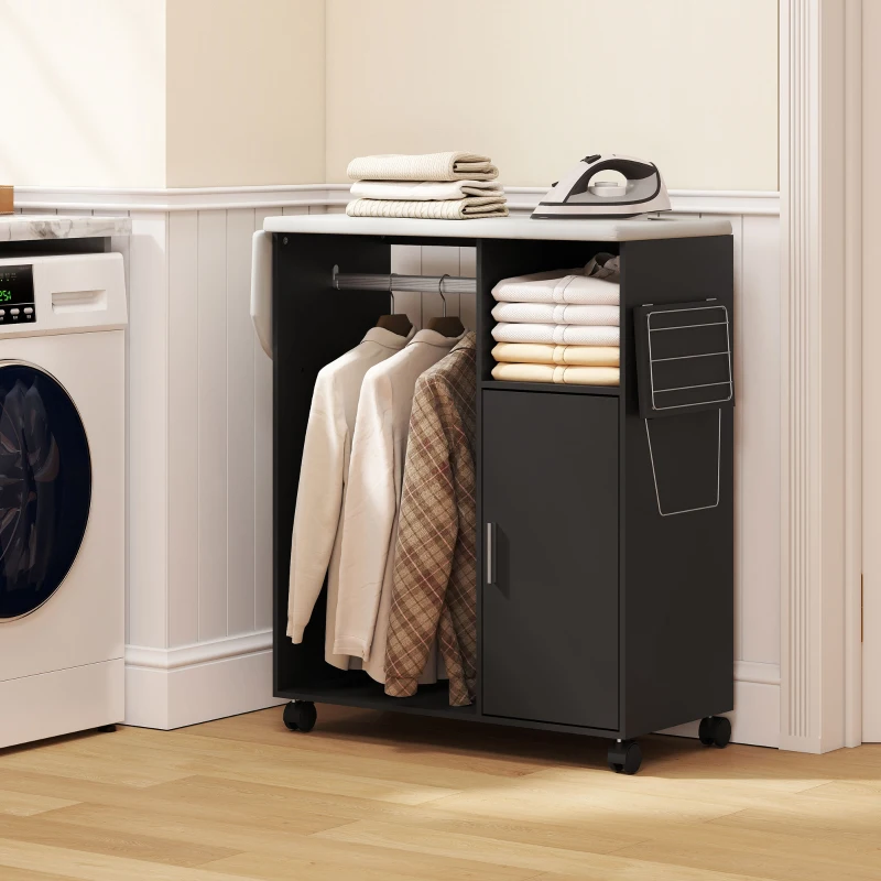 HOMCOM Dulap pentru călcat cu blat cu aspect de in, 3 rafturi cub și suport, 127x42,5x99 cm, negru