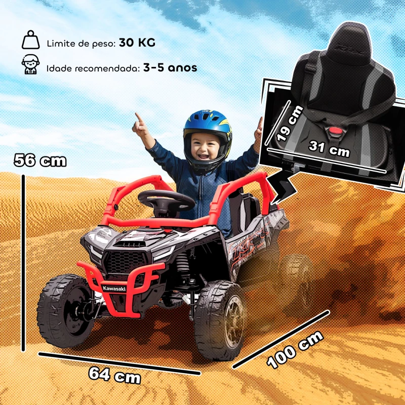 AIYAPLAY Carro Elétrico para Crianças 12V Kawasaki Teryx KRX 1000 com 2 Motores Faróis e USB 100x64x56 cm Vermelho