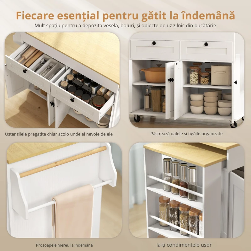 HOMCOM insulă centrală de bucătărie cu blat extensibil, servanta de bucătărie pe roți cu 2 sertare, 4 uși, alb